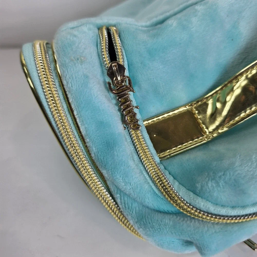 Juicy Couture Velour Cosmetic Bag Turquoise Blue Rhinestone XL Train Case Travel